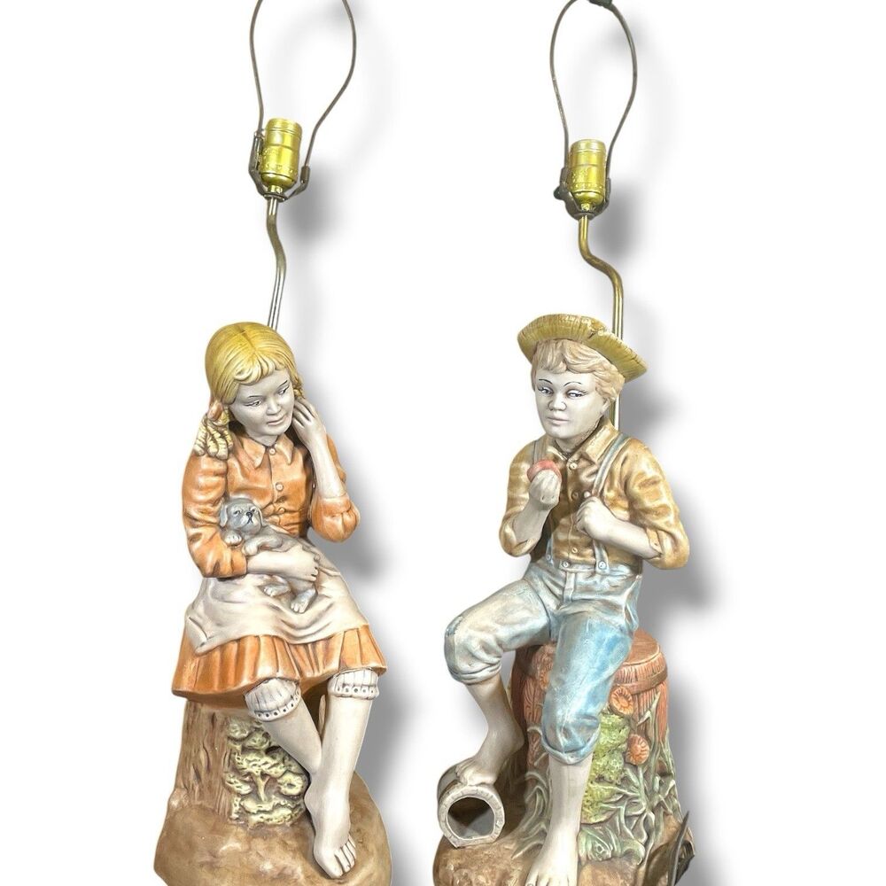 Vintage Holland Mold Figural Lamps Boy With Apple Girl With Kitten Pair